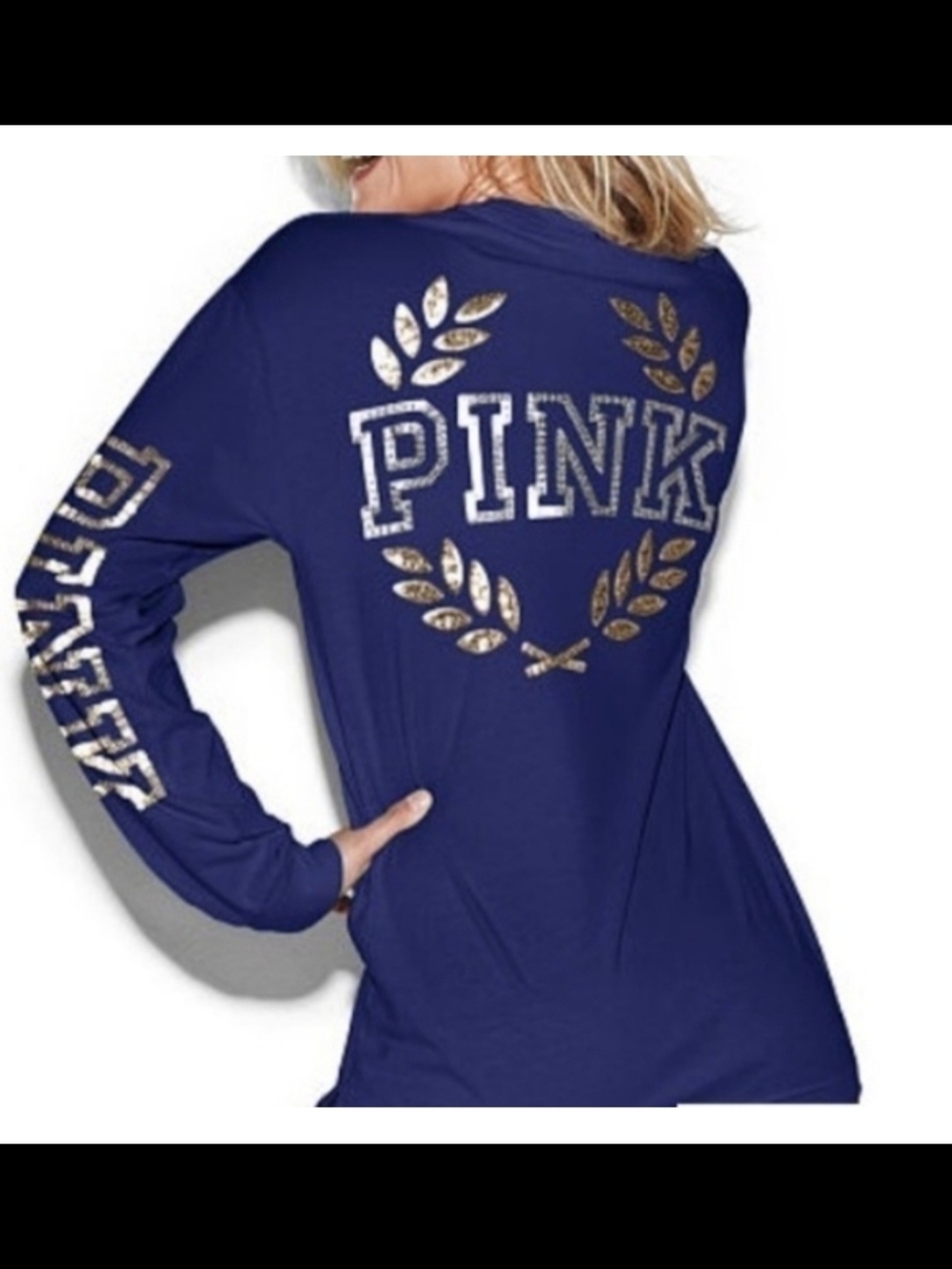 PINK Victoria's Secret Long Sleeve Graphic Tee in Navy with Gold Accents